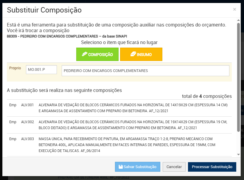 Botão para salvar substituição